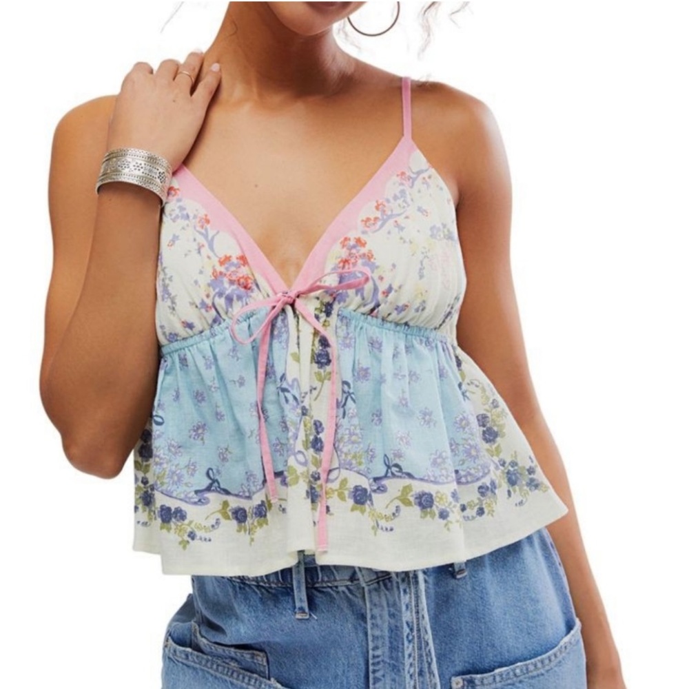 Free People Floral Print Top - Pink and Blue